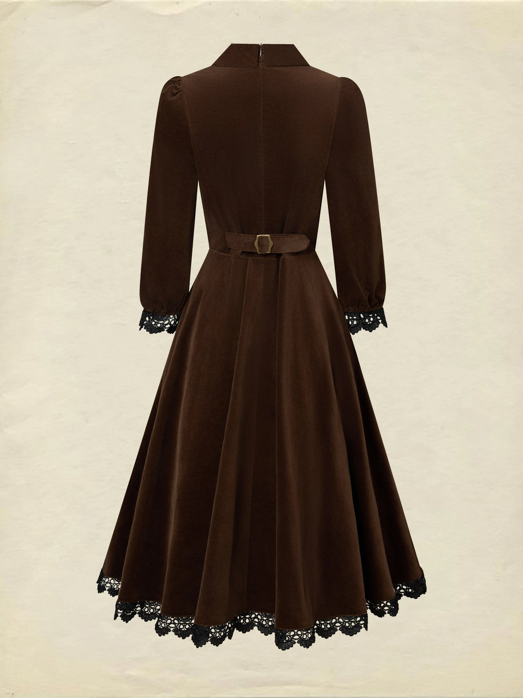 Midi Cotton Dress, Half Sleeve, Lapel Collar, Plain, Lace, Vintage, Coffee