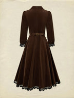 Midi Cotton Dress, Half Sleeve, Lapel Collar, Plain, Lace, Vintage, Coffee