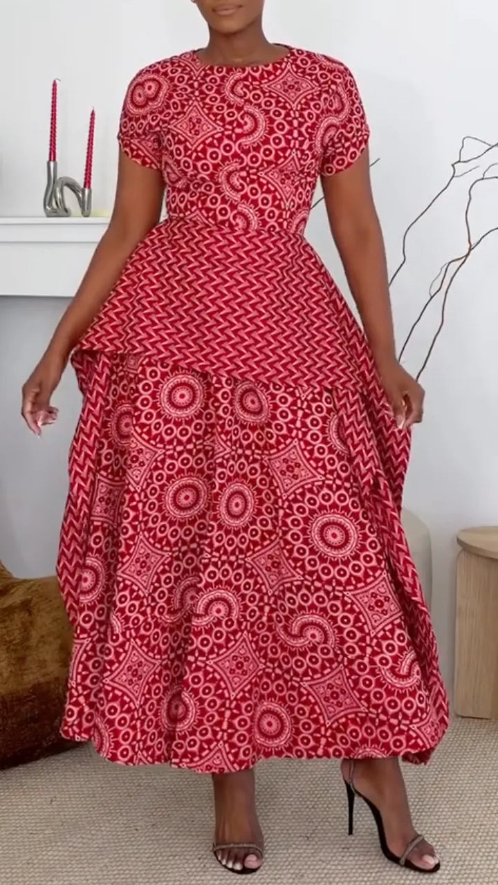 Red Ethnic Pattern Short Sleeve Layered Midi Dresss