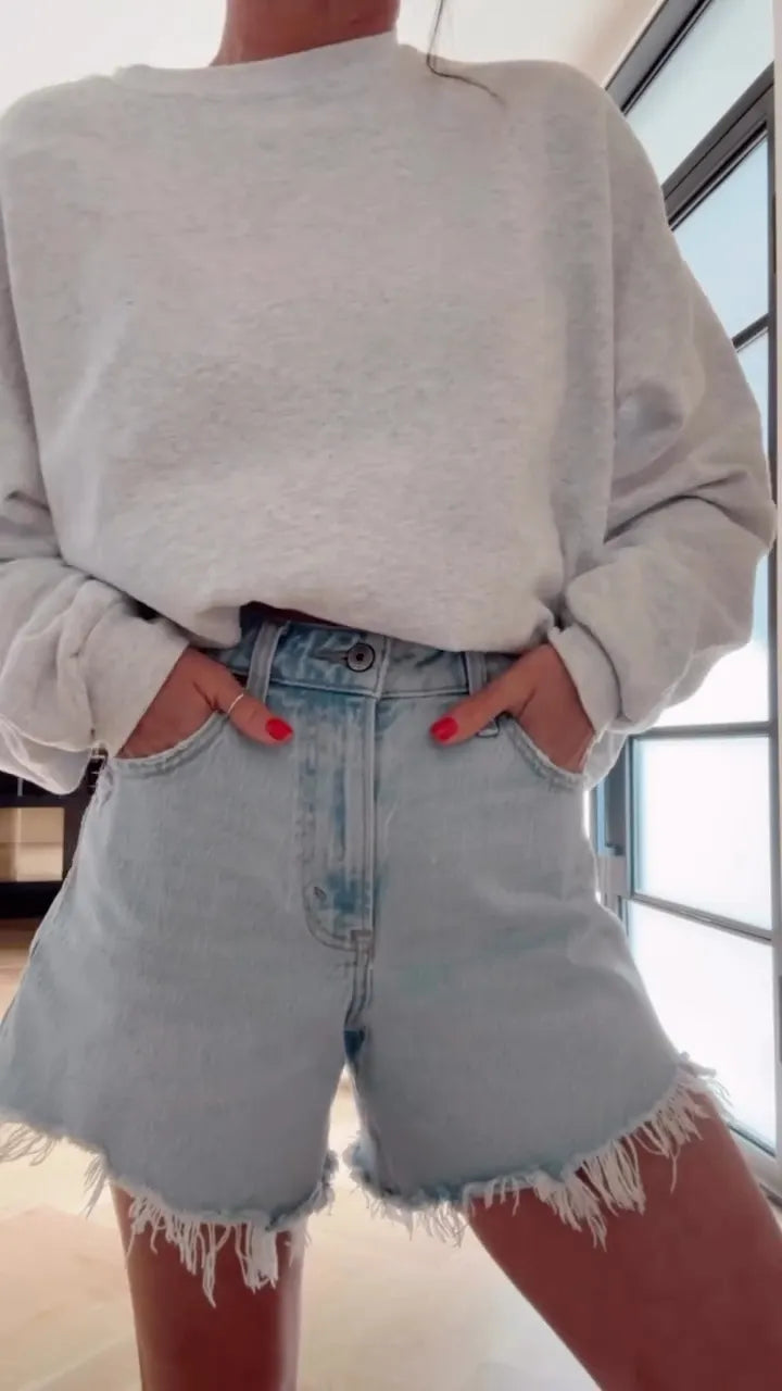 Light Gray Cropped Sweatshirt & Frayed Denim Shorts