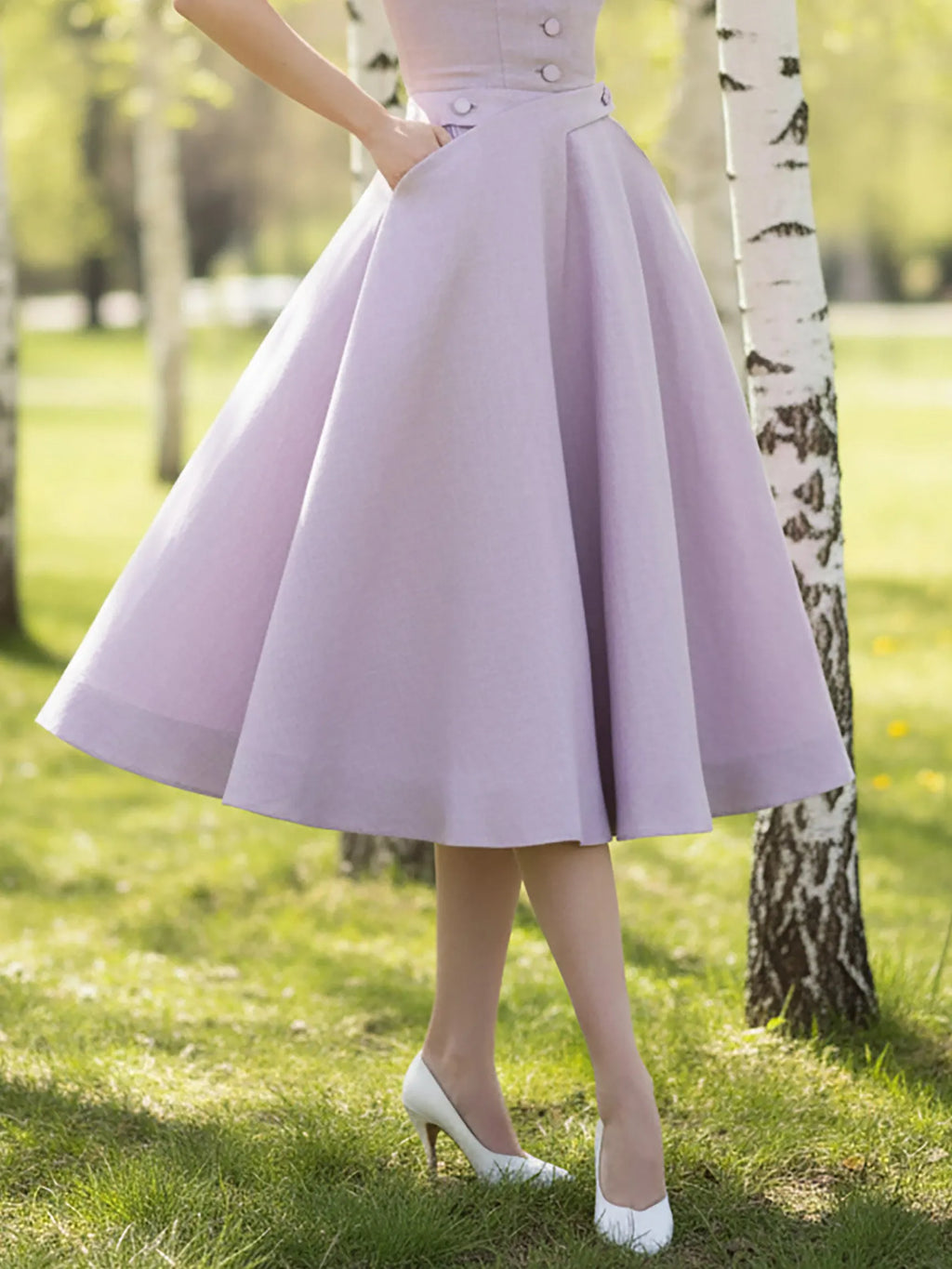 Midi Linen Dress, Sleeveless, Lapel Collar, Plain, Button Design, French Vintage, Light Purple