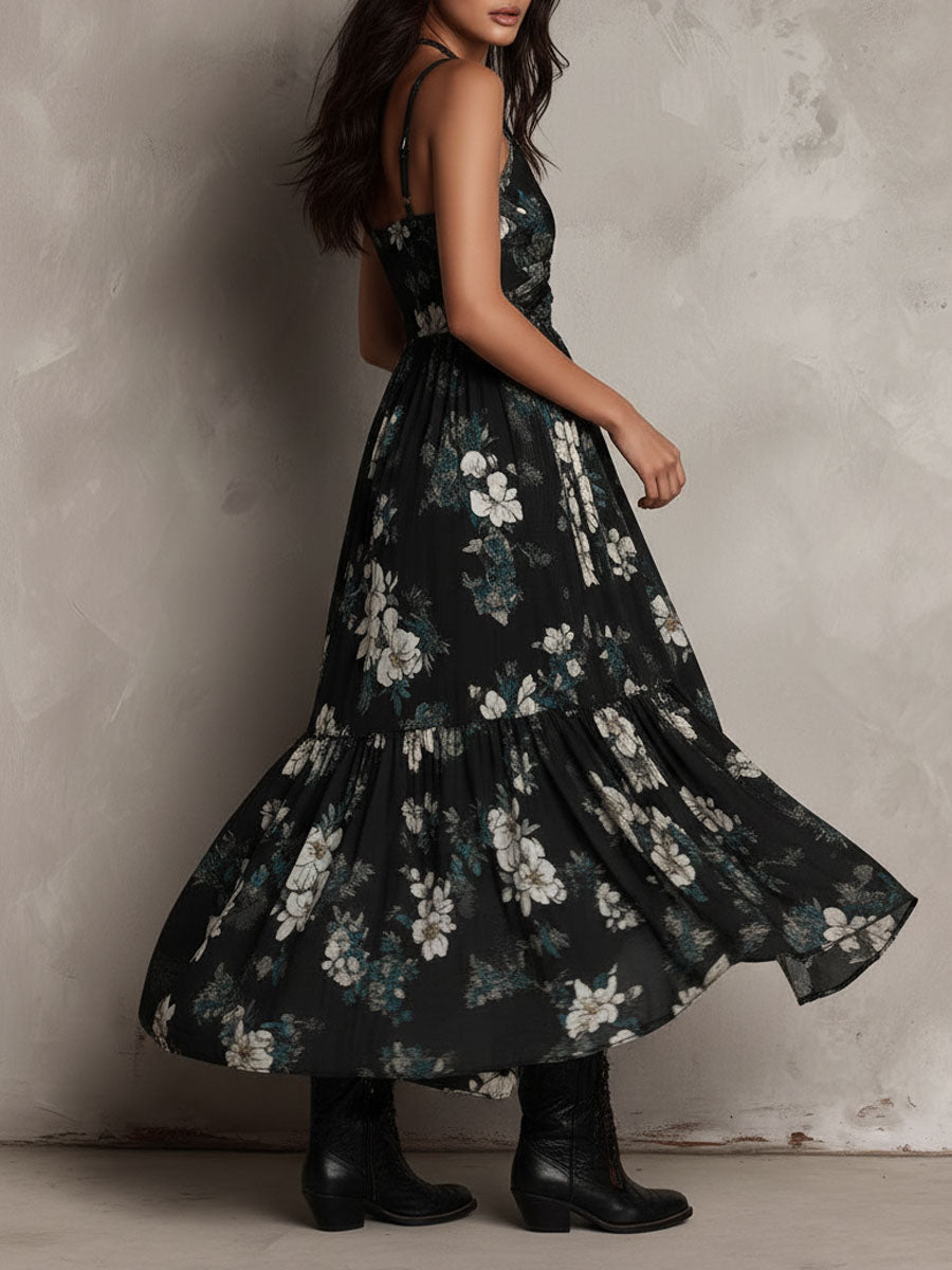Boho Floral Print High-Low Ruffled Midi Dress
