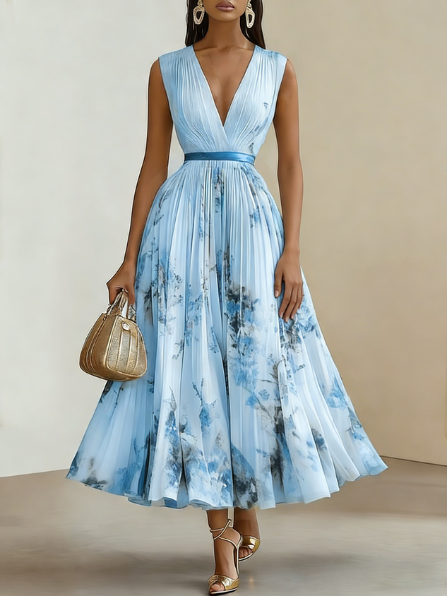 White Pleated Floral Chiffon V Neck Sleeveless A-Line Midi Dress