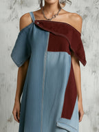 Cold-Shoulder Patchwork Denim Maxi Dress