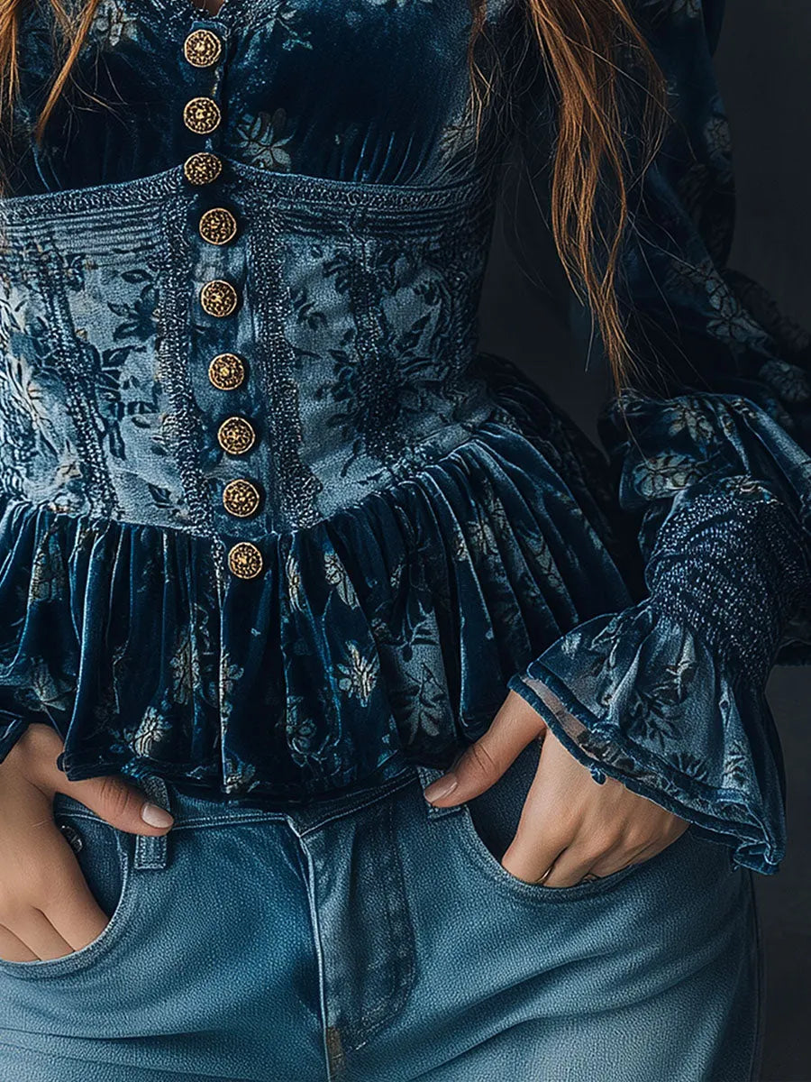 Vintage Blue Velvet Floral Print Corset Style Blouse
