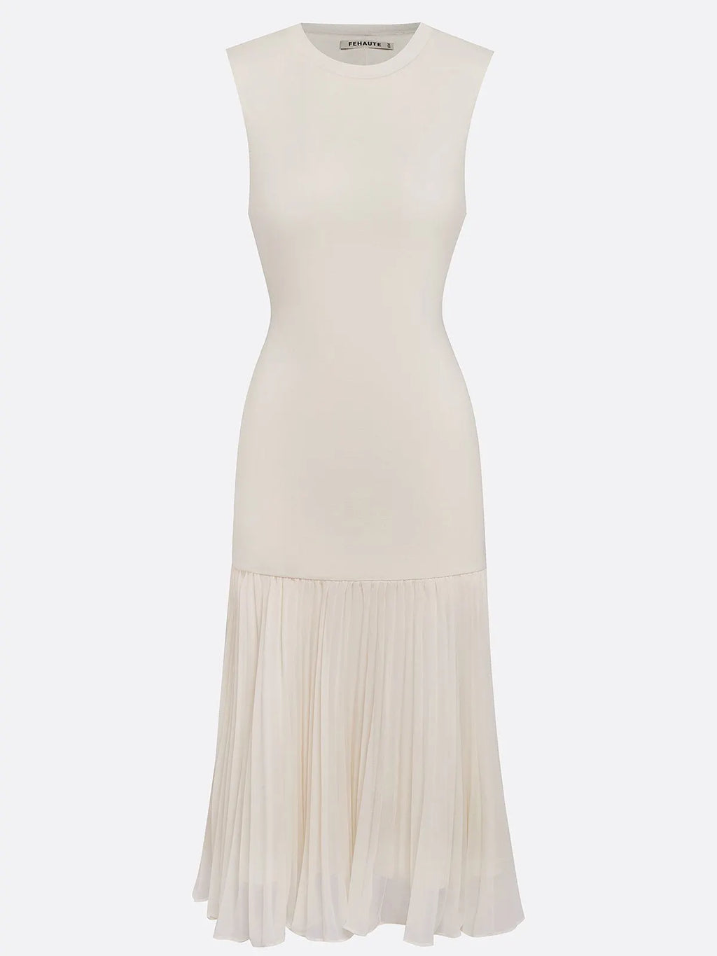 Beige Pleated Knit Crew Neck Sleeveless A-Line Midi Jersey Dress