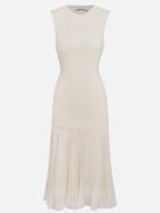 Beige Pleated Knit Crew Neck Sleeveless A-Line Midi Jersey Dress