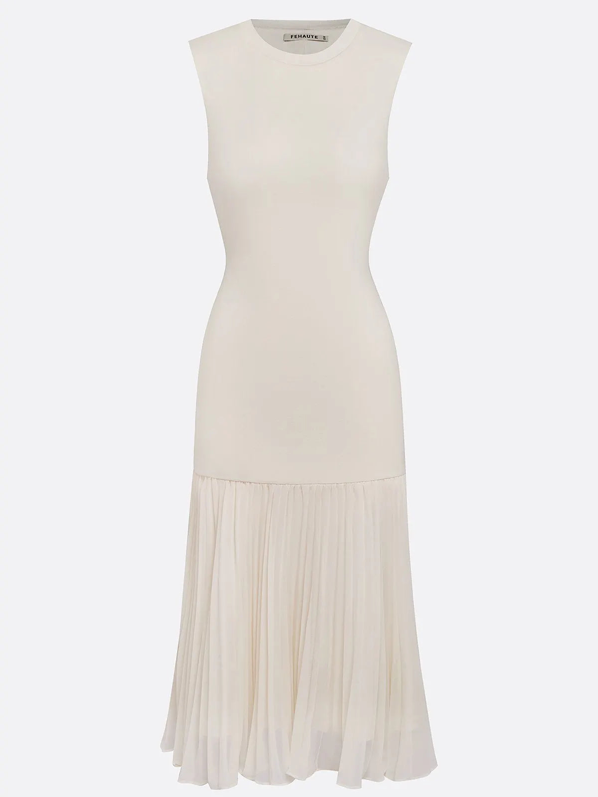Beige Pleated Knit Crew Neck Sleeveless A-Line Midi Jersey Dress
