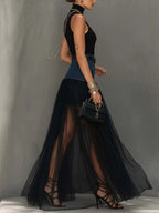 Black Denim Patchwork T-Shirt And Mesh Maxi Skirt Set With Side Slit