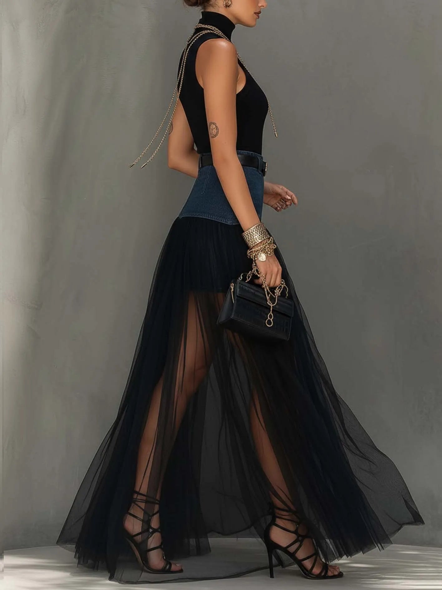 Black Denim Patchwork T-Shirt And Mesh Maxi Skirt Set With Side Slit