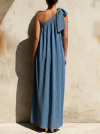 Blue Striped Denim One Shoulder Maxi Dress