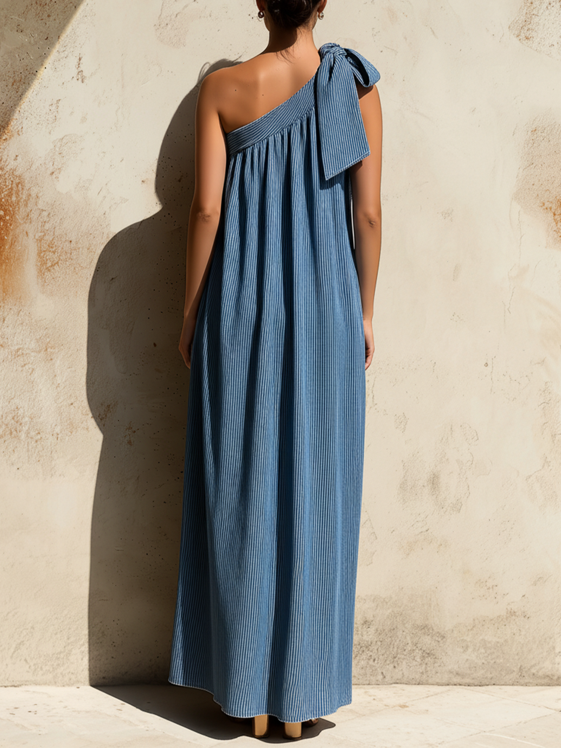 Blue Striped Denim One Shoulder Maxi Dress