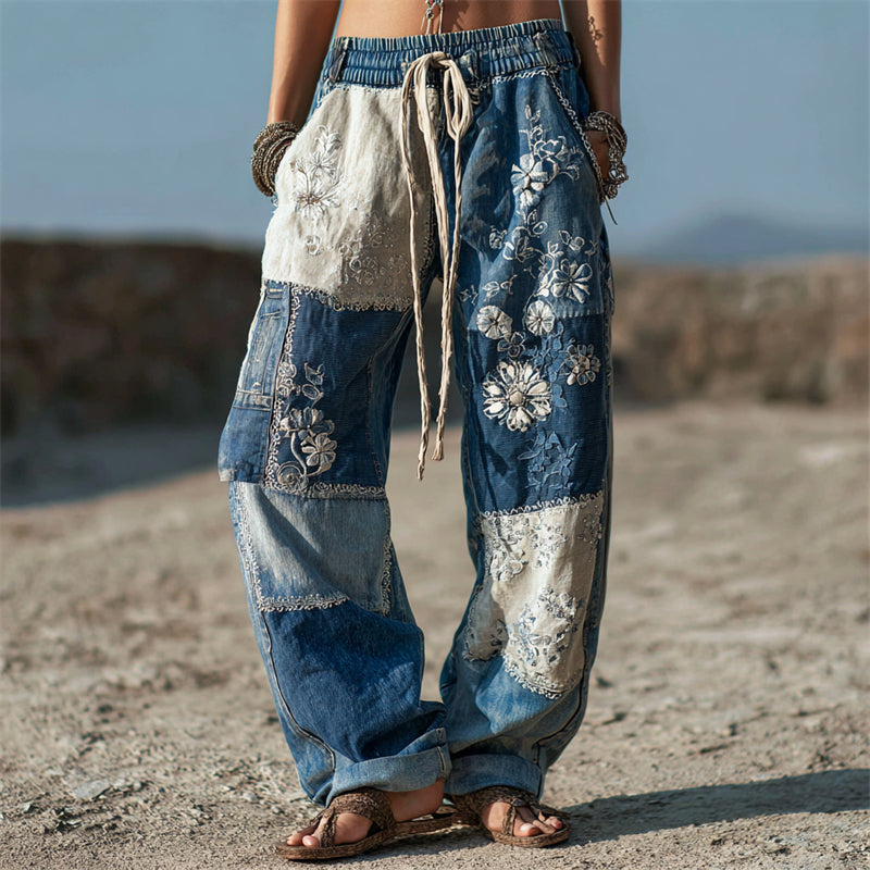 Floral Lace Japanese Sashiko Patchwork Flowy Linen Pants