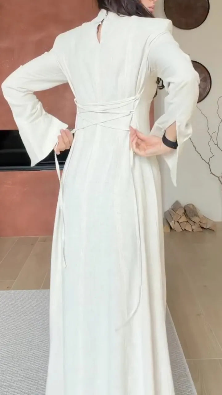 Stand Collar Shoulder Pad Long Sleeve Slit Maxi Tunic Top