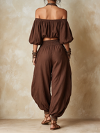 Bohemian Off-Shoulder Crop Top & Harem Pants Two-Piece Set