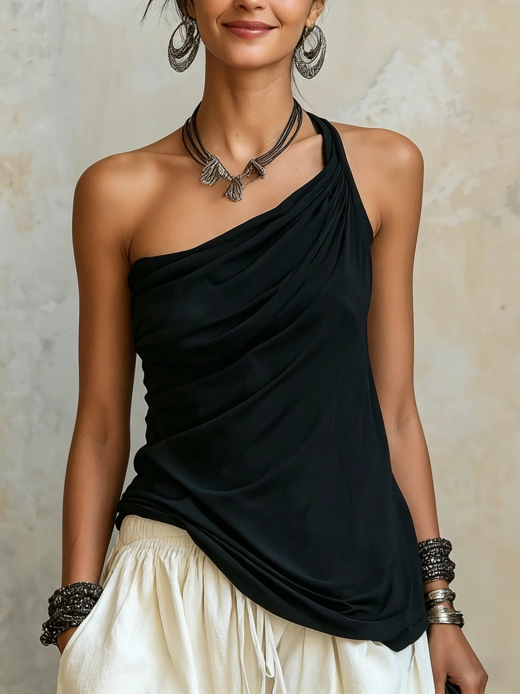 Asymmetrical Ruched One-Shoulder Top & Harem Pants Two-Piece Set