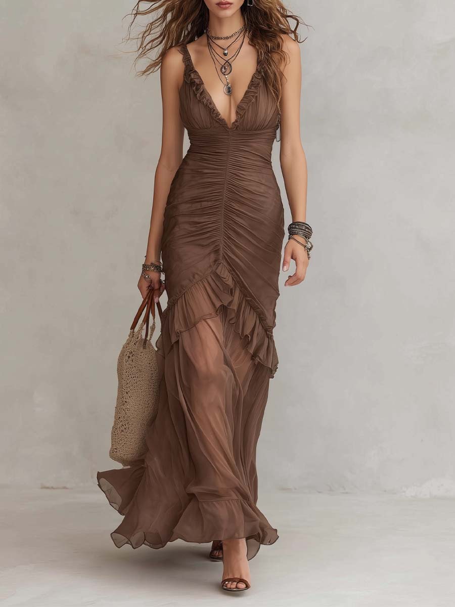 Bohemian Ruffle Ruched Sheer Chiffon Maxi Dress
