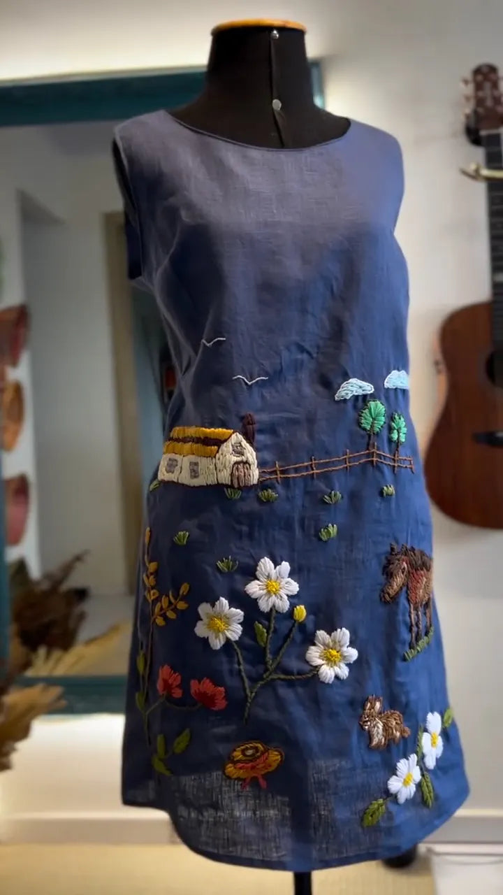Linen Sleeveless Country Landscape Embroidery Shift Mini Dress