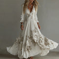 Women's Vintage White Flowers Embroidery Art V-neck Maxi Dress