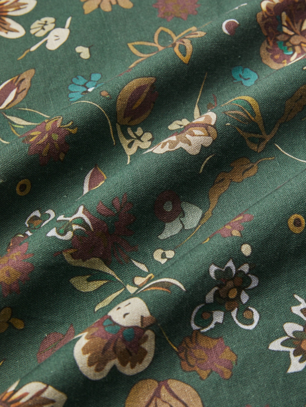 Midi Linen Dress, Long Sleeves, Square Neck, Paisley, Vintage, Green