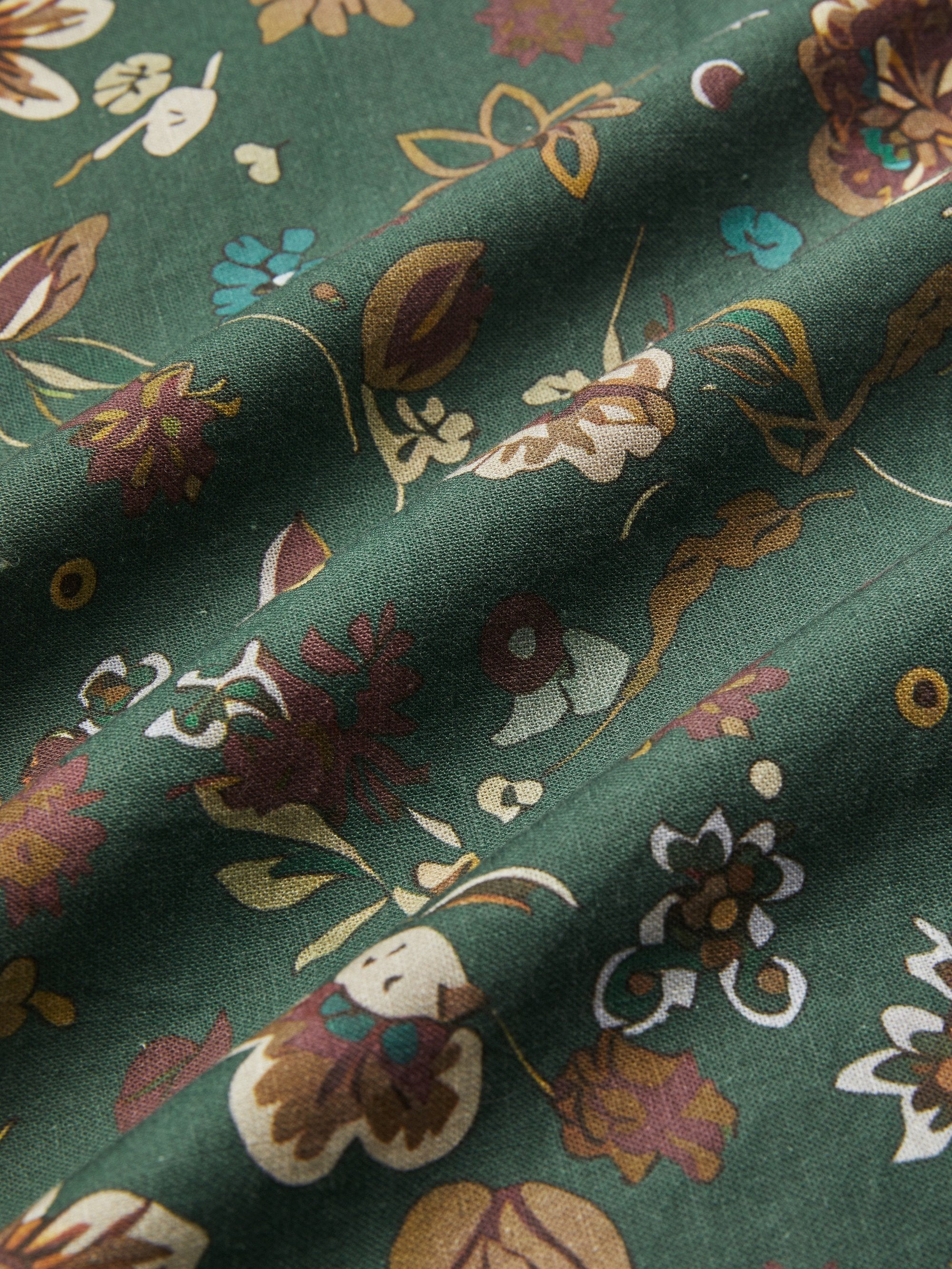 Midi Linen Dress, Long Sleeves, Square Neck, Paisley, Vintage, Green