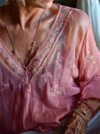 Vintage Pink Floral Embroidered Flowy Gradient Linen Tunic