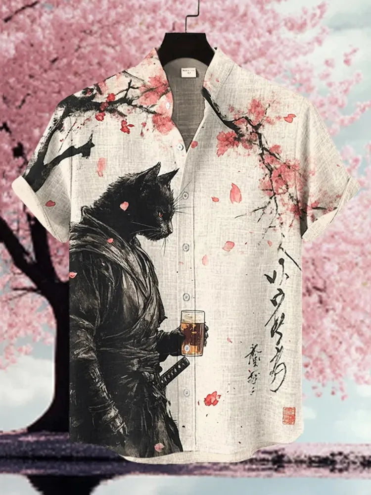 Men's Black Cat Warrior Under The Cherry Tree  Art Print Casual Shirt