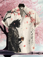 Men's Black Cat Warrior Under The Cherry Tree  Art Print Casual Shirt