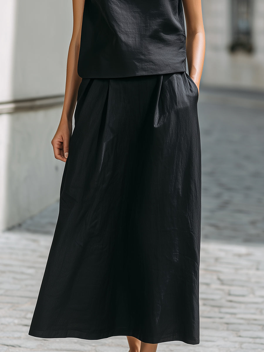 Linen-Blend High Neck Sleeveless Top & Maxi Skirt Two-Piece Set