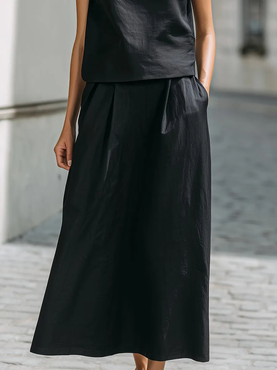 Linen-Blend High Neck Sleeveless Top & Maxi Skirt Two-Piece Set