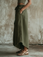 Olive Green Washed Denim Utility Wide-Leg Culottes