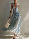 Blue Chiffon Lace Trim Sleeveless Maxi Dress