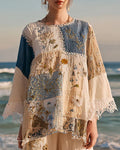 Summer Vacation Floral 3D Embroidery Spliced Top  824f