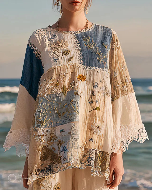 Summer Vacation Floral 3D Embroidery Spliced Top  824f