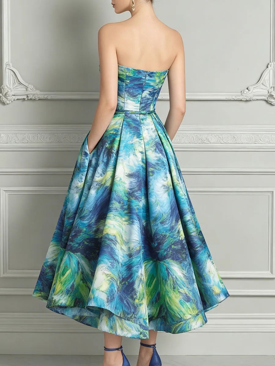 Blue Green Abstract Oil Painting Print Midi Dress