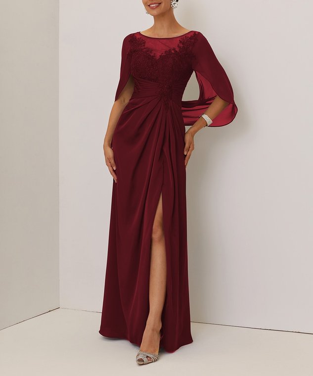 Purplish blue Lace Chiffon Boat Neck Short Sleeve A-Line Maxi Mother of the Bride or Groom Dress