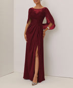 Purplish blue Lace Chiffon Boat Neck Short Sleeve A-Line Maxi Mother of the Bride or Groom Dress