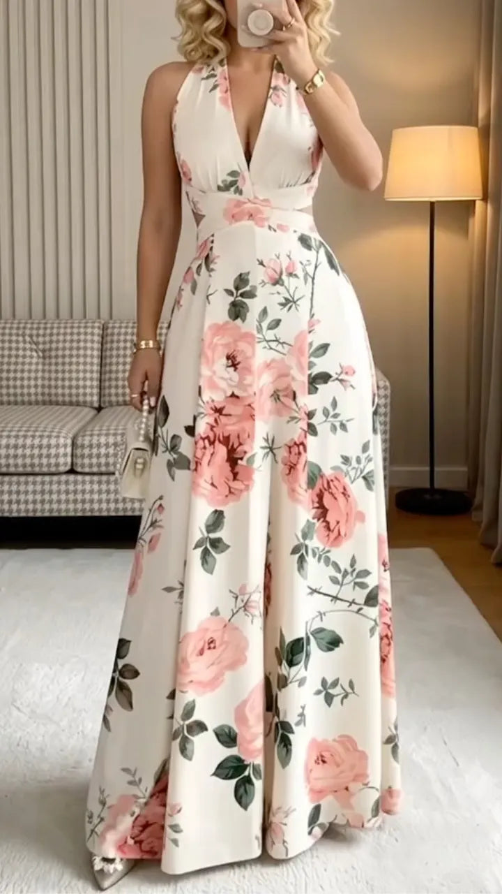 Floral Halter Cutout Jumpsuit