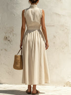 Beige Linen-Blend Lace Trim Sleeveless Button-Front Maxi Dress
