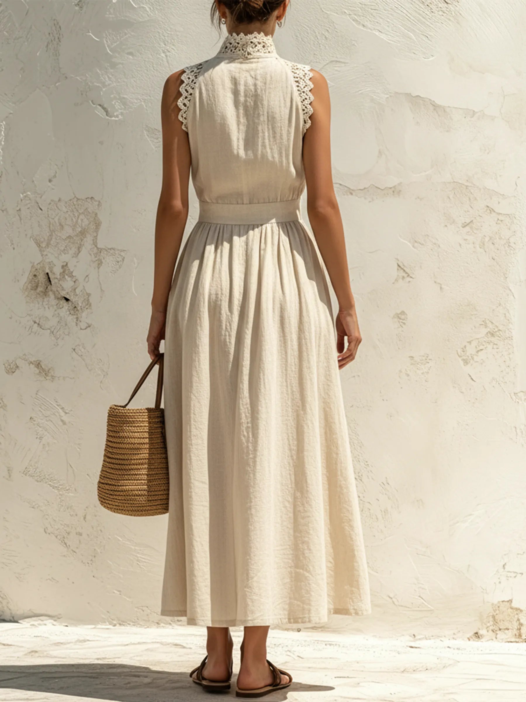 Beige Linen-Blend Lace Trim Sleeveless Button-Front Maxi Dress