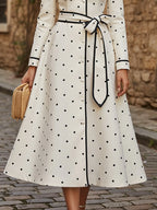 Midi Linen Dress, Long Sleeves, Lapel Collar, Polka Dots, Button Design, Vintage, Ivory