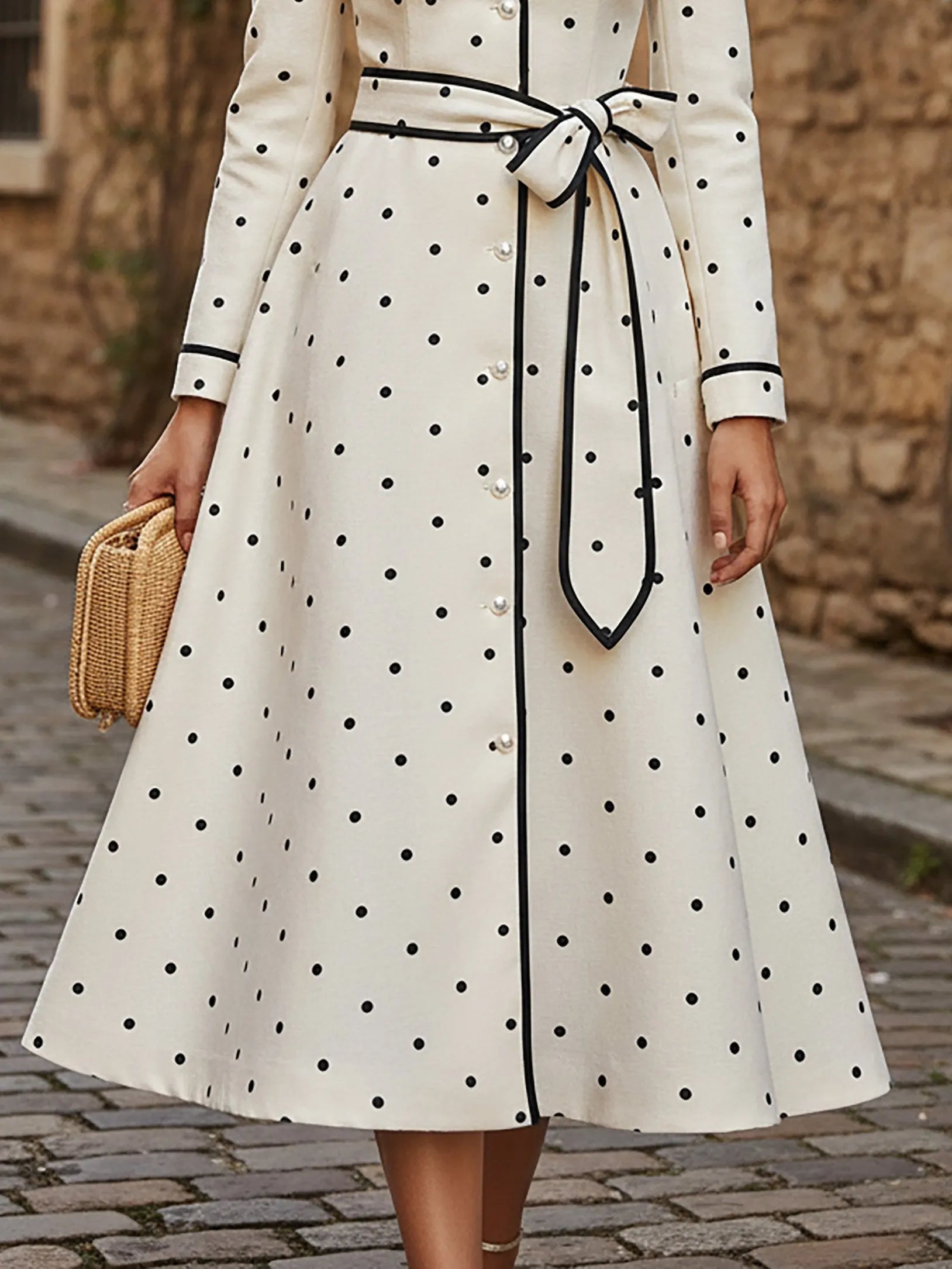 Midi Linen Dress, Long Sleeves, Lapel Collar, Polka Dots, Button Design, Vintage, Ivory