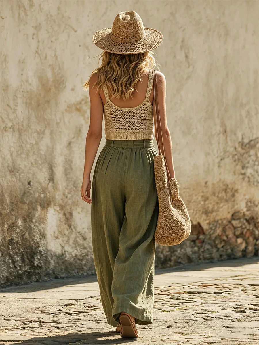 Casual Retro Mesh Knit Vest And Green Cotton Linen Wide-leg Pants Set