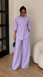 Stand Collar Blazer & Wide-Leg Pants Two-Piece