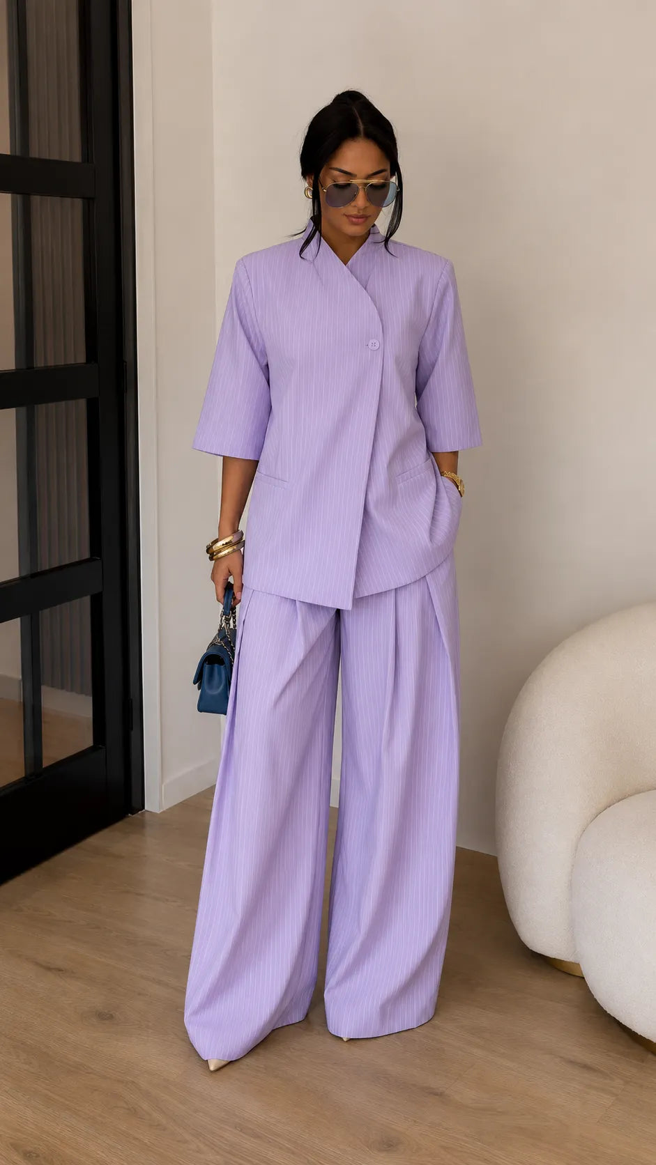 Stand Collar Blazer & Wide-Leg Pants Two-Piece