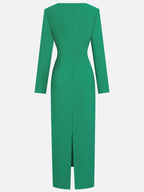 Green Classic Deep V Neck Long Sleeve Sheath Maxi Dress