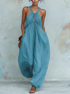 Blue Halter Neck Keyhole Wide Leg Jumpsuit