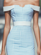 Chic Sky Blue Checkered Off-Shoulder Dress