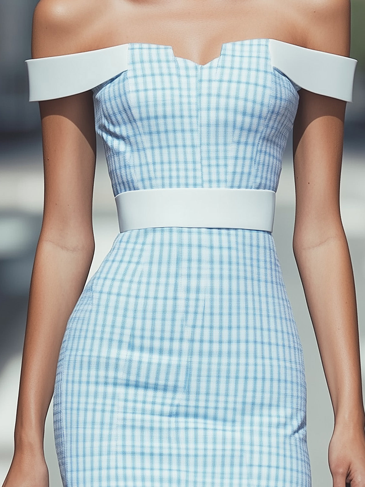 Chic Sky Blue Checkered Off-Shoulder Dress