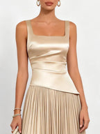 Champagne Pleated Satin Square Neck Sleeveless A-Line Midi Dress
